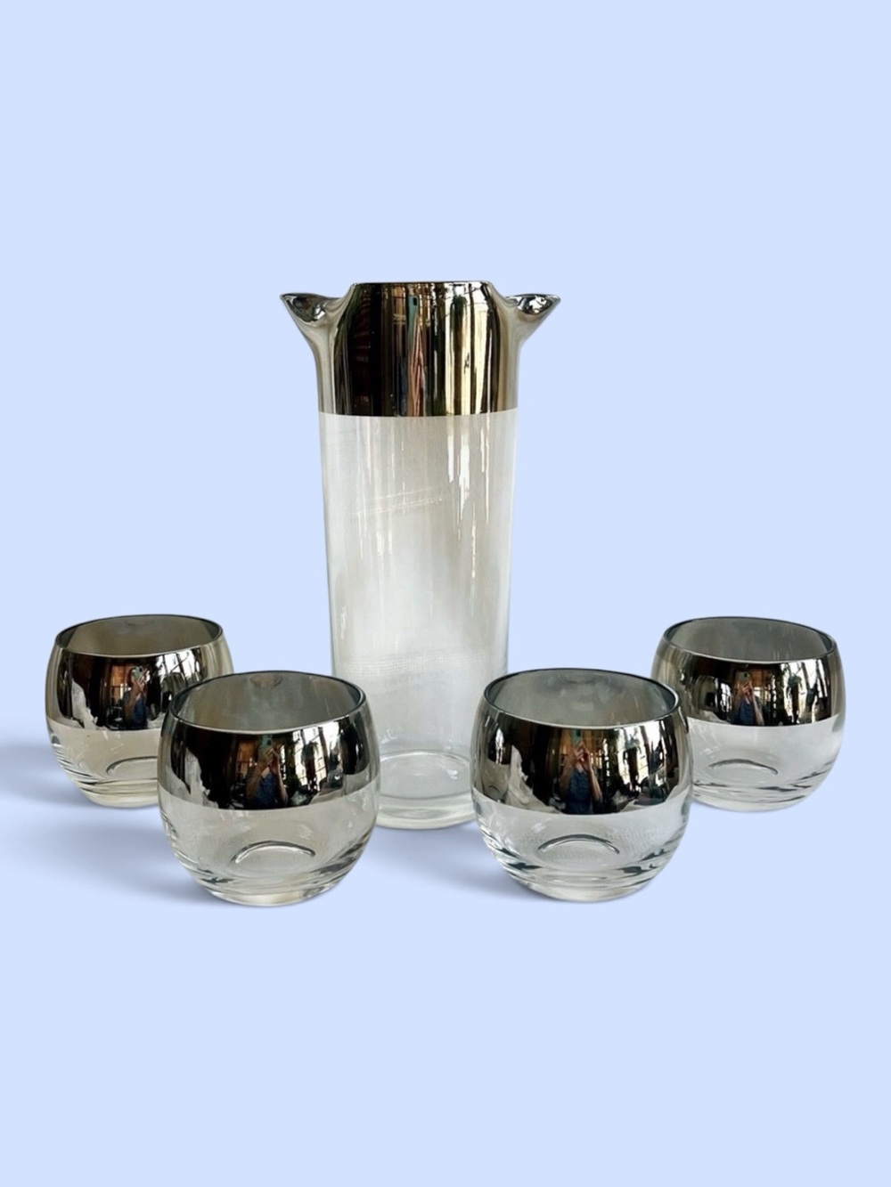 VTG Dorothy Thorpe Silver Overlay Roly Poly Cocktail Set Pitcher Four Glasses